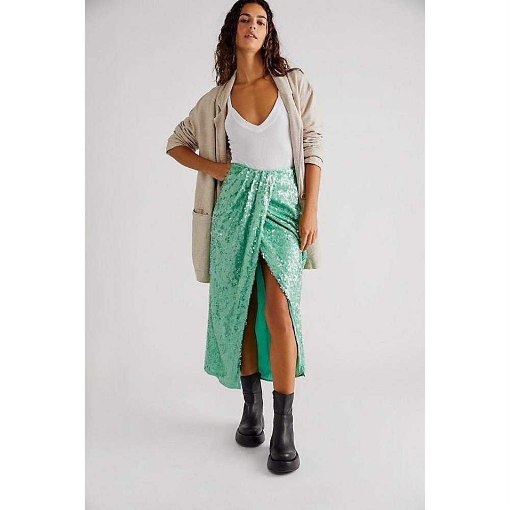 Free People Poets Sequin Sarong Midi Skirt in Mermaid Green